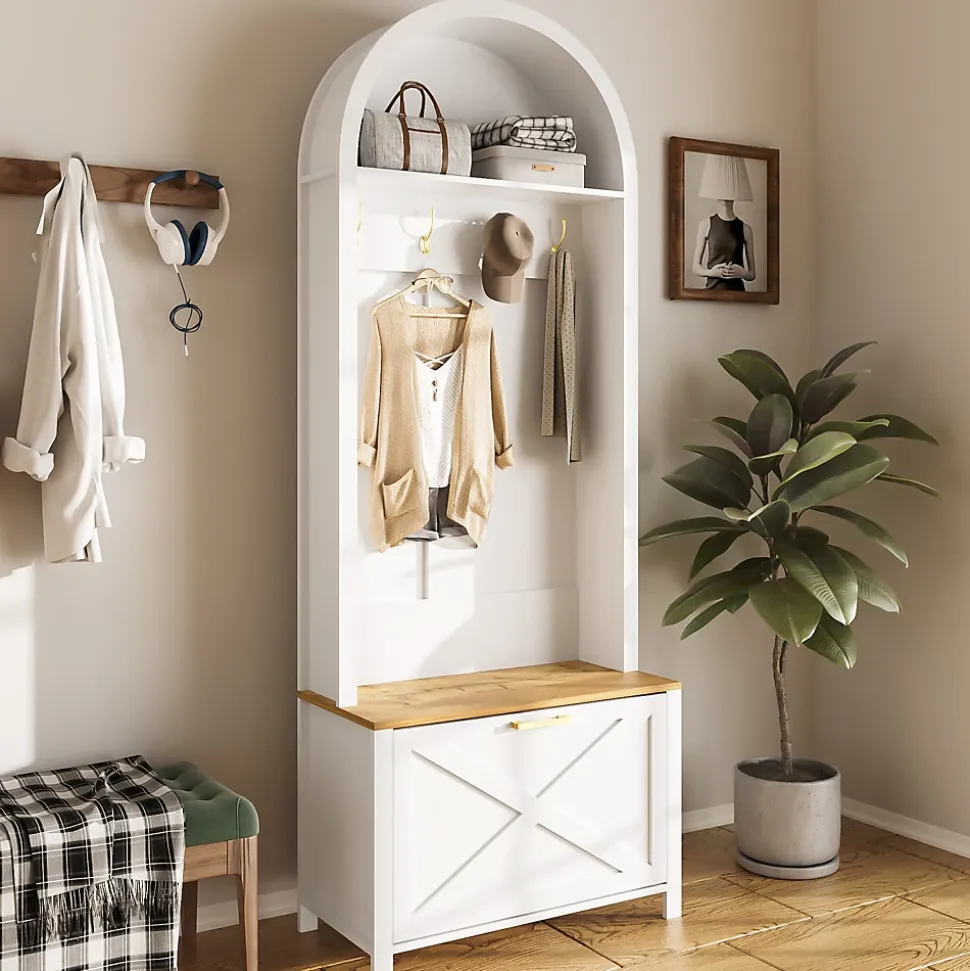 Vestiaire d'entrée avec Patères et Étagères - Meuble d'entrée Tout-en-Un en MDF, Blanc+Naturel, 75x35x195 cm