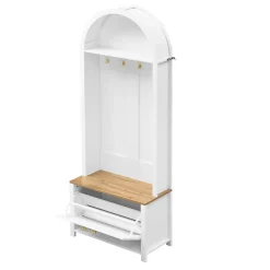 Vestiaire d'entrée avec Patères et Étagères - Meuble d'entrée Tout-en-Un en MDF, Blanc+Naturel, 75x35x195 cm