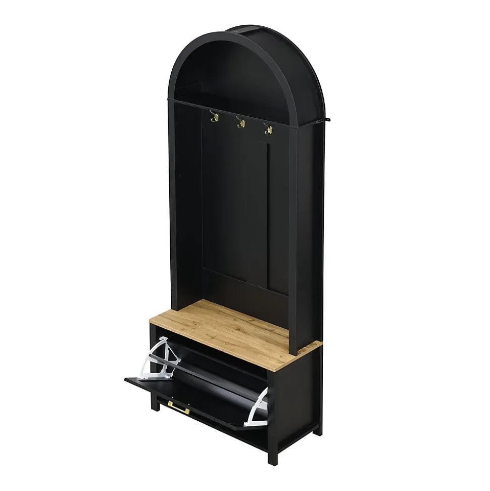 Vestiaire d'entrée avec Patères et Étagères - Meuble d'entrée Multifonction en MDF, Noir+Naturel, 75x35x195 cm