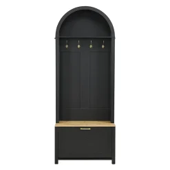 Vestiaire d'entrée avec Patères et Étagères - Meuble d'entrée Multifonction en MDF, Noir+Naturel, 75x35x195 cm