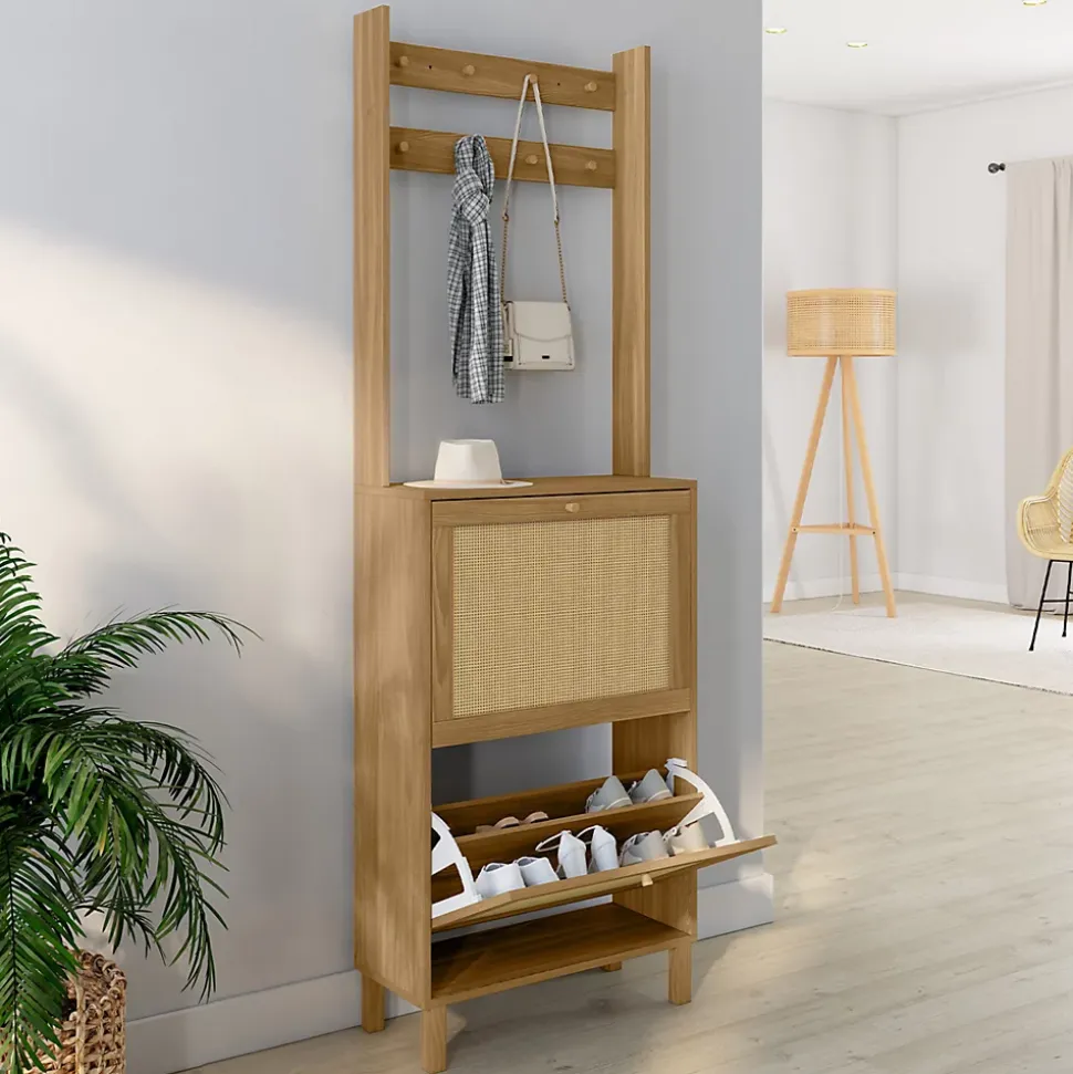 Vestiaire d'entrée HANAE meuble chaussures 2 portes effet naturel cannage