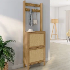 Vestiaire d'entrée HANAE meuble chaussures 2 portes effet naturel cannage