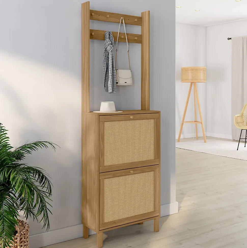 Vestiaire d'entrée HANAE meuble chaussures 2 portes effet naturel cannage