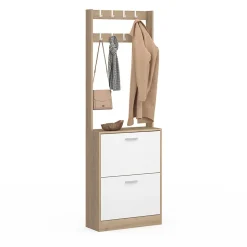 Vestiaire d'entrée KLARK meuble chaussures 2 portes effet bois et blanc