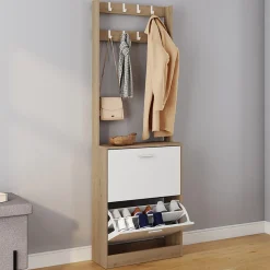 Vestiaire d'entrée KLARK meuble chaussures 2 portes effet bois et blanc