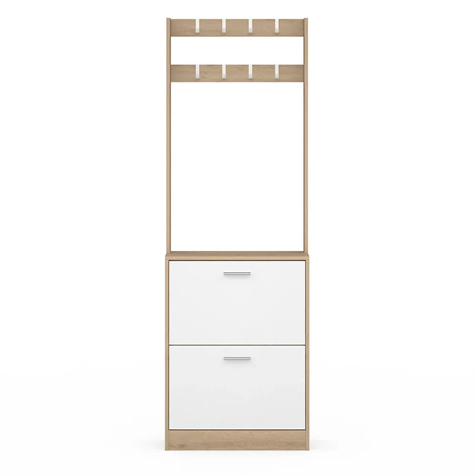 Vestiaire d'entrée KLARK meuble chaussures 2 portes effet bois et blanc