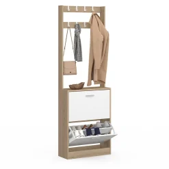 Vestiaire d'entrée KLARK meuble chaussures 2 portes effet bois et blanc