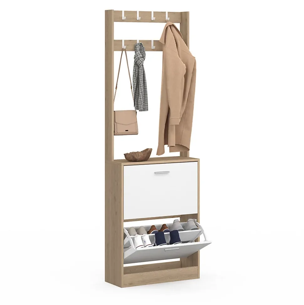 Vestiaire d'entrée KLARK meuble chaussures 2 portes effet bois et blanc