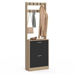 Vestiaire d'entrée KLARK meuble chaussures 2 portes effet bois et noir
