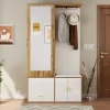Vestiaire d'entrée Moderne avec Miroir, Banc à Chaussures, Penderie et Rangements Intégrés, Blanc et Naturel, 100x38x180 cm