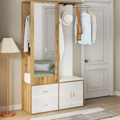 Vestiaire d'entrée Moderne avec Miroir, Banc à Chaussures, Penderie et Rangements Intégrés, Blanc et Naturel, 100x38x180 cm