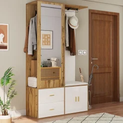 Vestiaire d'entrée Moderne avec Miroir, Banc à Chaussures, Penderie et Rangements Intégrés, Blanc et Naturel, 100x38x180 cm