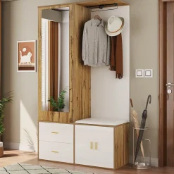 Vestiaire d'entrée Moderne avec Miroir, Banc à Chaussures, Penderie et Rangements Intégrés, Blanc et Naturel, 100x38x180 cm