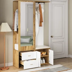 Vestiaire d'entrée Moderne avec Miroir, Banc à Chaussures, Penderie et Rangements Intégrés, Blanc et Naturel, 100x38x180 cm