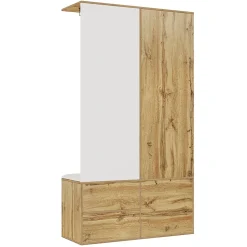Vestiaire d'entrée Moderne avec Miroir, Banc à Chaussures, Penderie et Rangements Intégrés, Blanc et Naturel, 100x38x180 cm