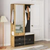 Vestiaire d'entrée Moderne avec Miroir, Banc à Chaussures, Penderie et Rangements Intégrés, Noir et Naturel, 100x38x180 cm