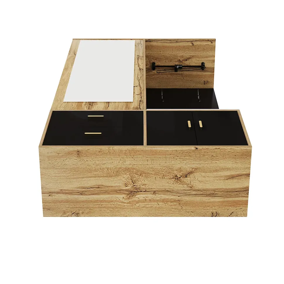 Vestiaire d'entrée Moderne avec Miroir, Banc à Chaussures, Penderie et Rangements Intégrés, Noir et Naturel, 100x38x180 cm