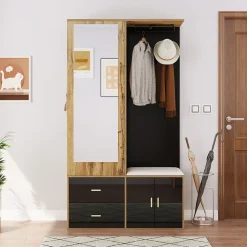 Vestiaire d'entrée Moderne avec Miroir, Banc à Chaussures, Penderie et Rangements Intégrés, Noir et Naturel, 100x38x180 cm