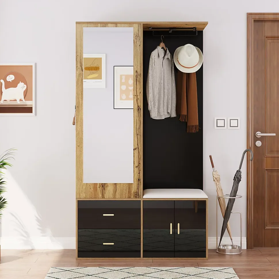 Vestiaire d'entrée Moderne avec Miroir, Banc à Chaussures, Penderie et Rangements Intégrés, Noir et Naturel, 100x38x180 cm