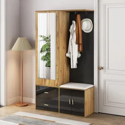 Vestiaire d'entrée Moderne avec Miroir, Banc à Chaussures, Penderie et Rangements Intégrés, Noir et Naturel, 100x38x180 cm