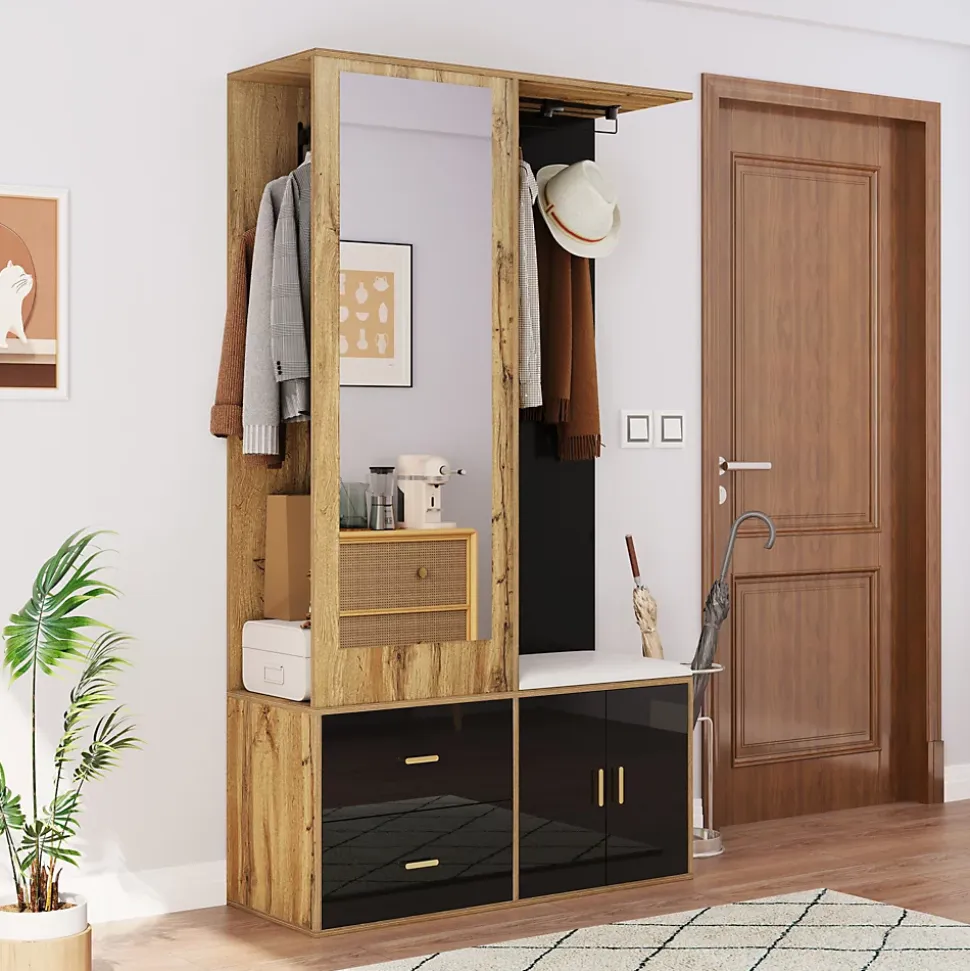 Vestiaire d'entrée Moderne avec Miroir, Banc à Chaussures, Penderie et Rangements Intégrés, Noir et Naturel, 100x38x180 cm