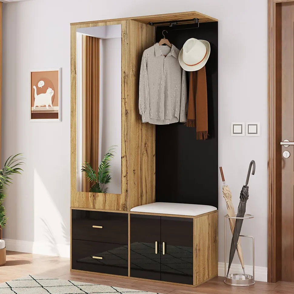 Vestiaire d'entrée Moderne avec Miroir, Banc à Chaussures, Penderie et Rangements Intégrés, Noir et Naturel, 100x38x180 cm