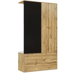 Vestiaire d'entrée Moderne avec Miroir, Banc à Chaussures, Penderie et Rangements Intégrés, Noir et Naturel, 100x38x180 cm