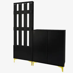 Vestiaire d'entrée Moderne - Meuble 3 en 1 avec Banc, Crochets et Rangement à Chaussures, Bois Noir Compact
