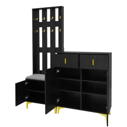 Vestiaire d'entrée Moderne - Meuble 3 en 1 avec Banc, Crochets et Rangement à Chaussures, Bois Noir Compact