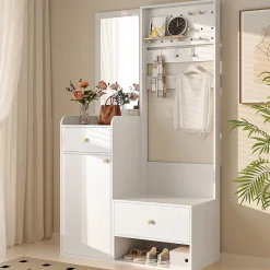 Vestiaire d'entrée Moderne avec Miroir et Crochets Réglables - Meuble d'entrée avec 2 Tiroirs - 105x38x180 cm - Blanc