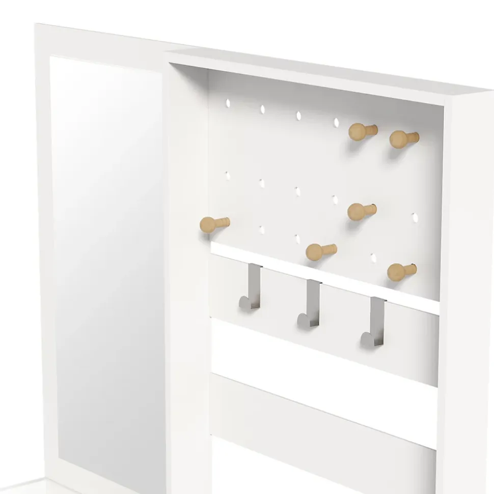 Vestiaire d'entrée Moderne avec Miroir et Crochets Réglables - Meuble d'entrée avec 2 Tiroirs - 105x38x180 cm - Blanc