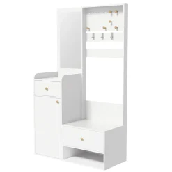 Vestiaire d'entrée Moderne avec Miroir et Crochets Réglables - Meuble d'entrée avec 2 Tiroirs - 105x38x180 cm - Blanc