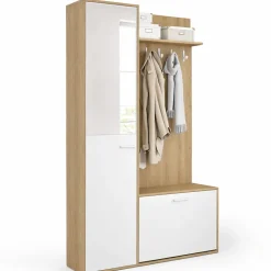 Vestiaire d'entrée rangement chaussures avec miroir et étagères MAHAUT 1 porte effet bois et blanc