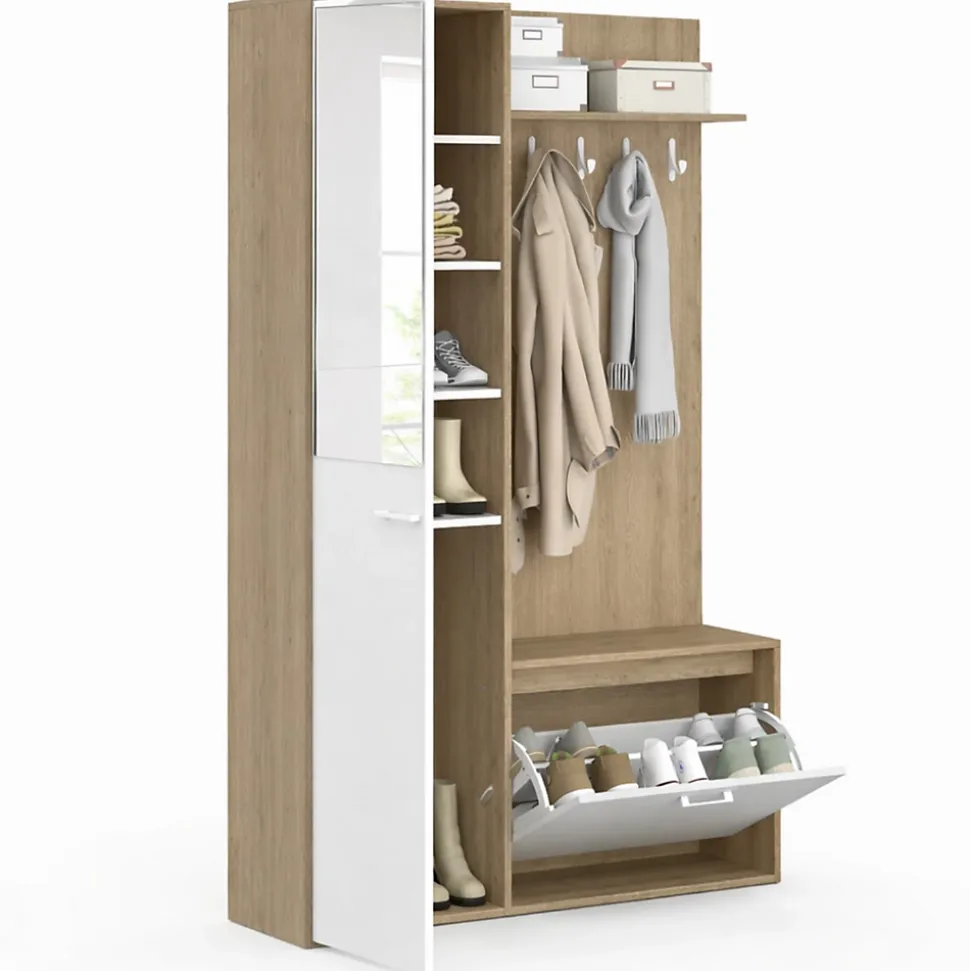Vestiaire d'entrée rangement chaussures avec miroir et étagères MAHAUT 1 porte effet bois et blanc