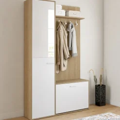 Vestiaire d'entrée rangement chaussures avec miroir et étagères MAHAUT 1 porte effet bois et blanc