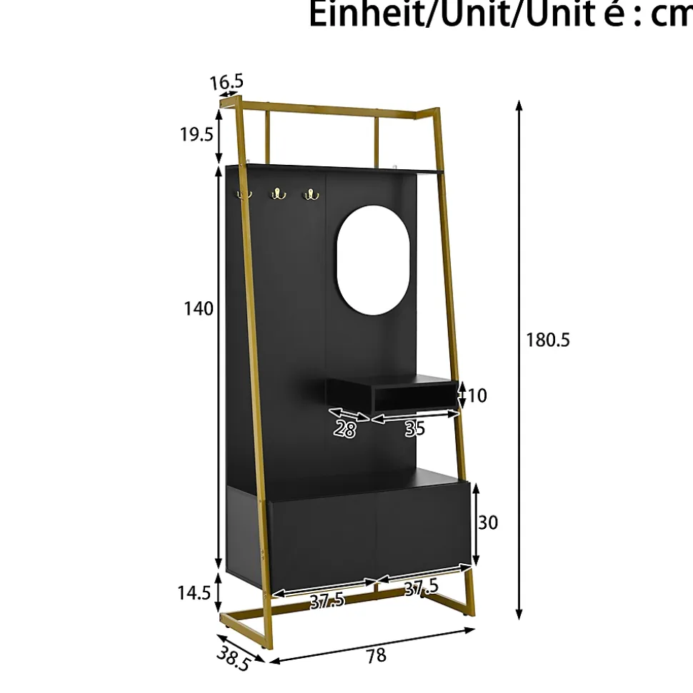 Vestiaire d'entrée Tout-en-Un, 2 Portes et Espace Chaussures, Meuble d'entrée, Panneau de Particules/Métal, Noir, 78x38,5x180,5 cm
