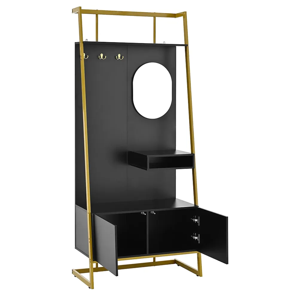 Vestiaire d'entrée Tout-en-Un, 2 Portes et Espace Chaussures, Meuble d'entrée, Panneau de Particules/Métal, Noir, 78x38,5x180,5 cm