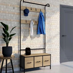 Vestiaire d'entrée UTAH avec banc et 3 tiroirs en tissu design industriel