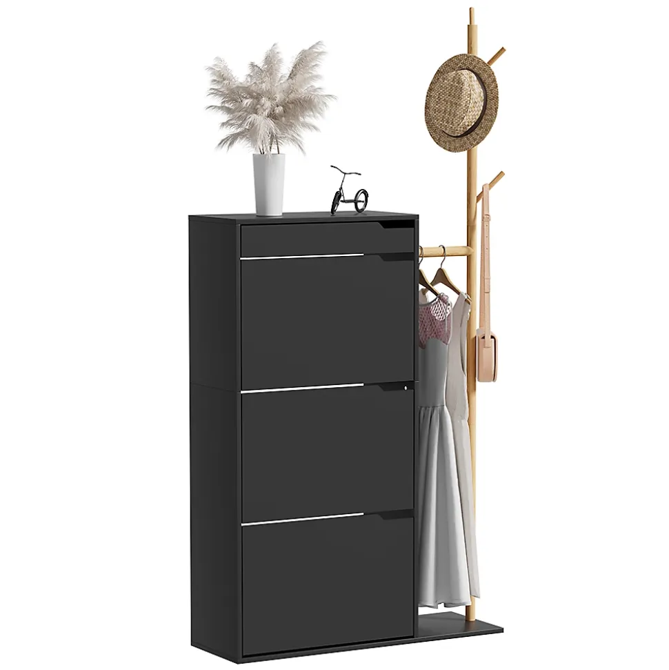 Vicco Armoire à chaussures Noir 90x181.5cm avec 3 compartiments, 1 tiroir