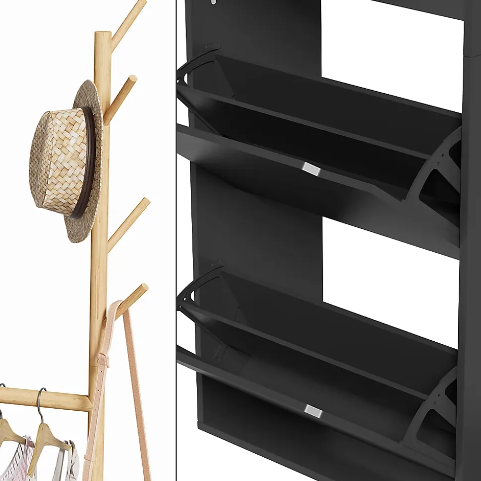 Vicco Armoire à chaussures Noir 90x181.5cm avec 3 compartiments, 1 tiroir