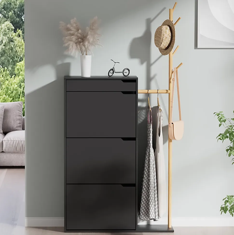 Vicco Armoire à chaussures Noir 90x181.5cm avec 3 compartiments, 1 tiroir