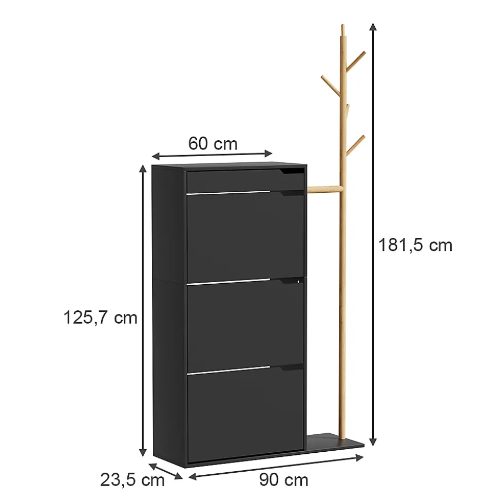 Vicco Armoire à chaussures Noir 90x181.5cm avec 3 compartiments, 1 tiroir