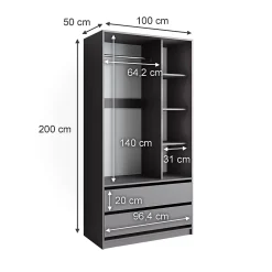 Vicco Armoire à vêtements Anthracite 100x200cm avec 2 tiroirs