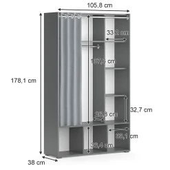 Vicco Armoire Gris 38x178.1cm avec tringle à rideaux