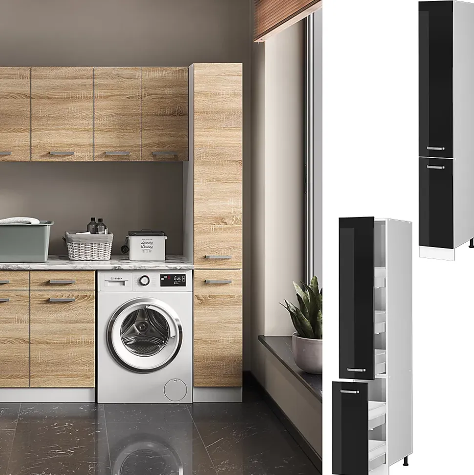 Vicco Armoire haute universelle Noir Haute brillance 30cm avec portes