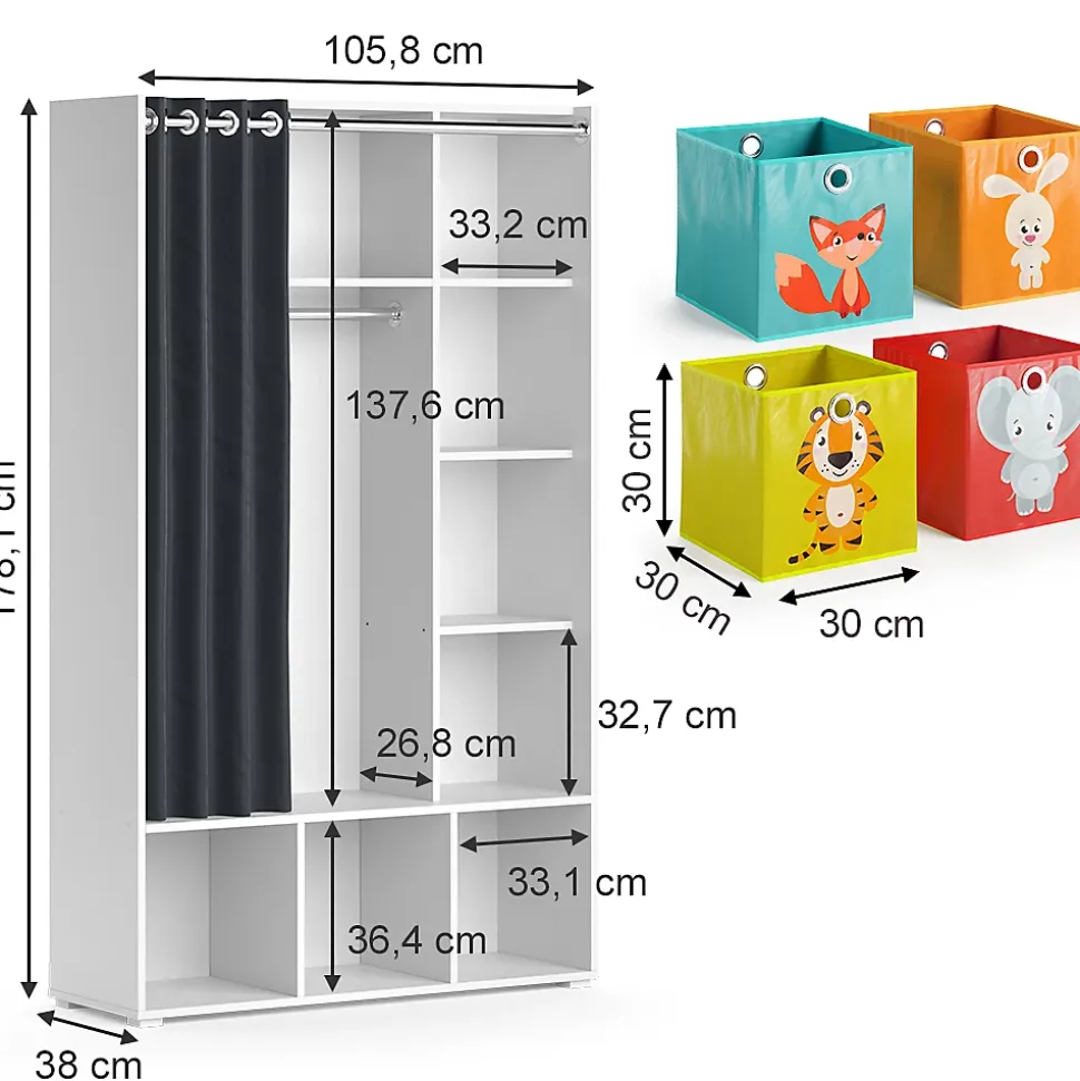Vicco Armoire pour enfants Blanc 38x178.1cm Avec boîtes pliantes (multicolores)