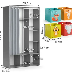 Vicco Armoire pour enfants Gris 38x178.1cm Avec boîtes pliantes (multicolores)