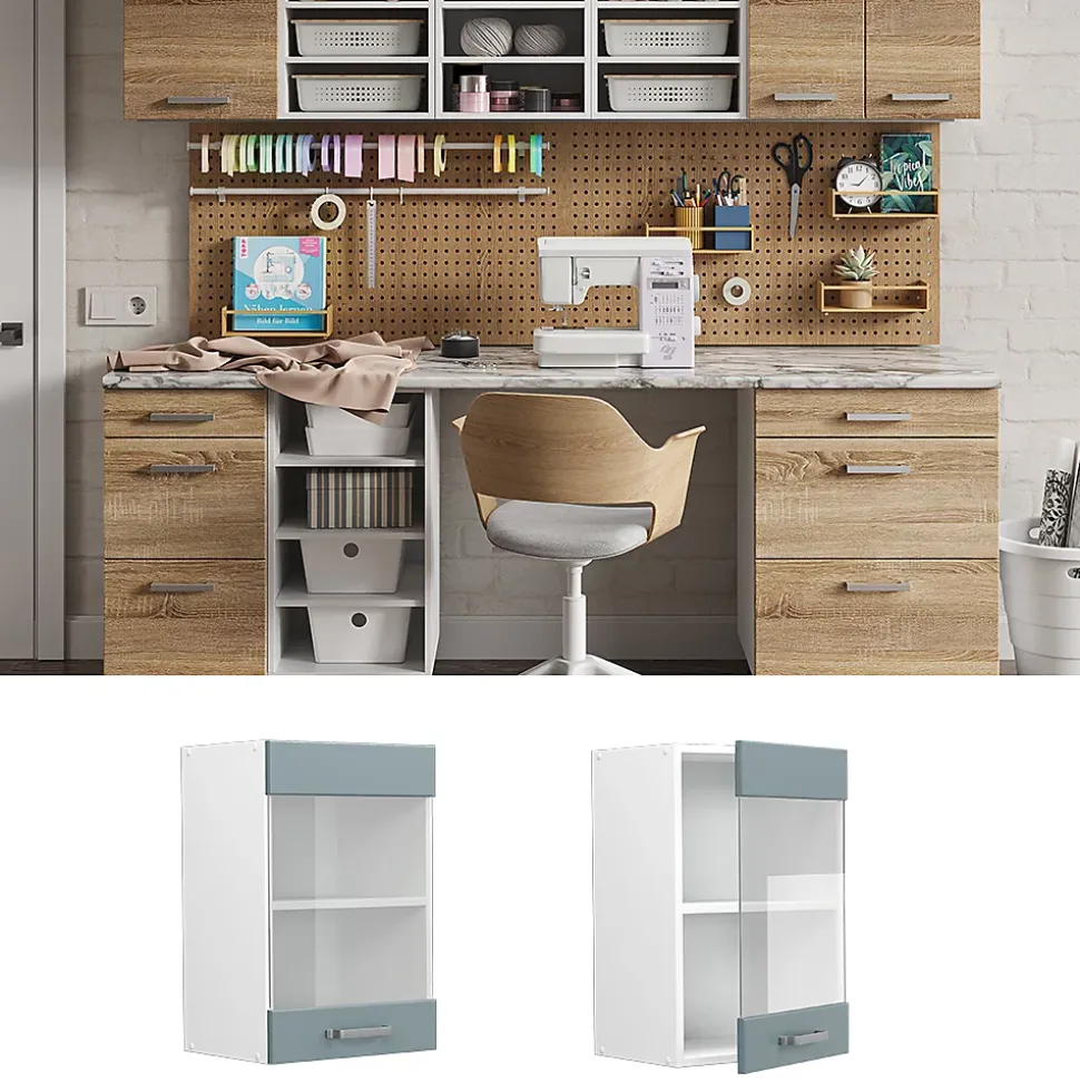 Vicco Armoire suspendue universelle Bleu-gris 40cm avec porte vitrée