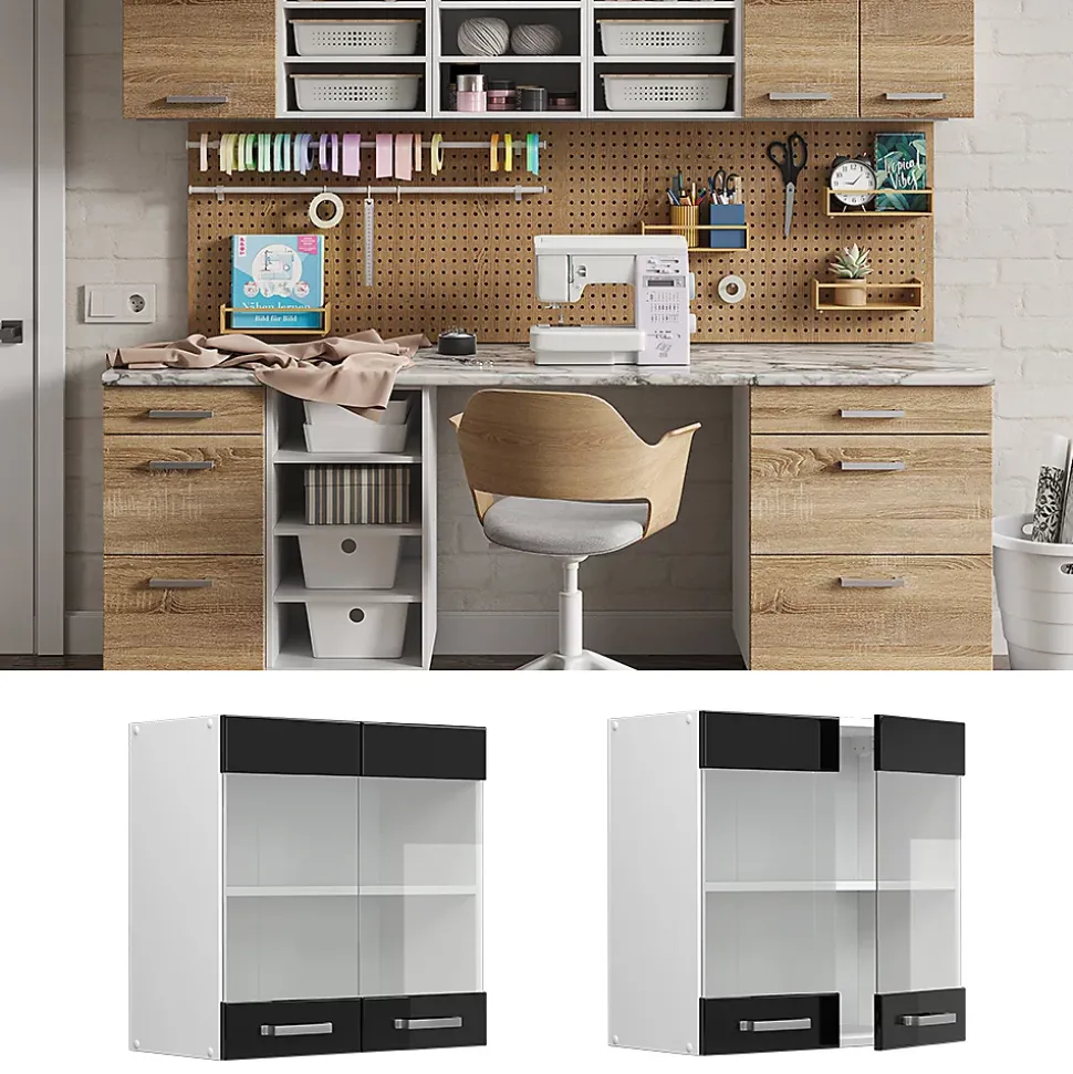 Vicco Armoire suspendue universelle Noir Haute brillance 60cm avec portes vitrées