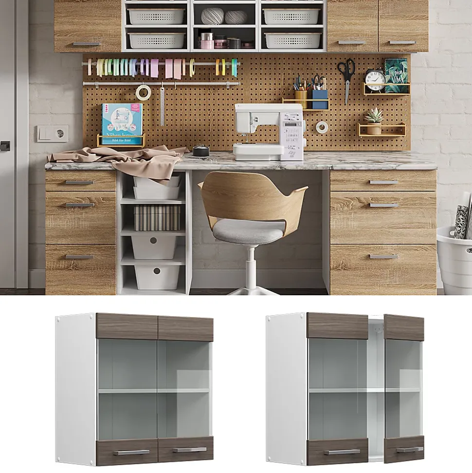 Vicco Armoire suspendue universelle Gris 60cm avec portes vitrées